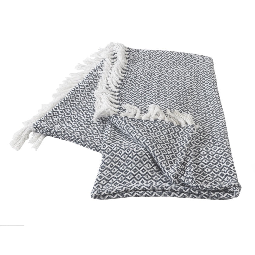 LR Home Diamond Fringe Throw Blanket in Blue and Ivory