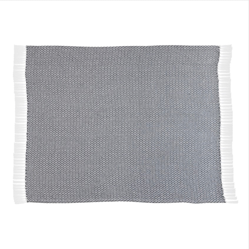 LR Home Diamond Fringe Throw Blanket in Blue and Ivory