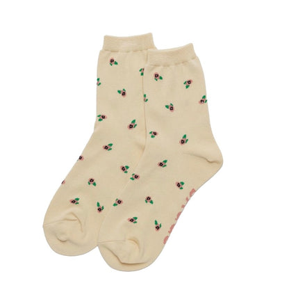 Crew Socks in Cream Rosette Pattern