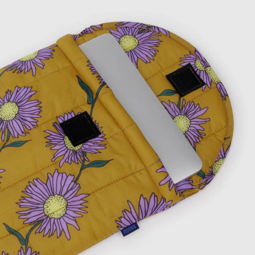 Puffy Laptop Case in Daisy Chain, open to show velcro closure