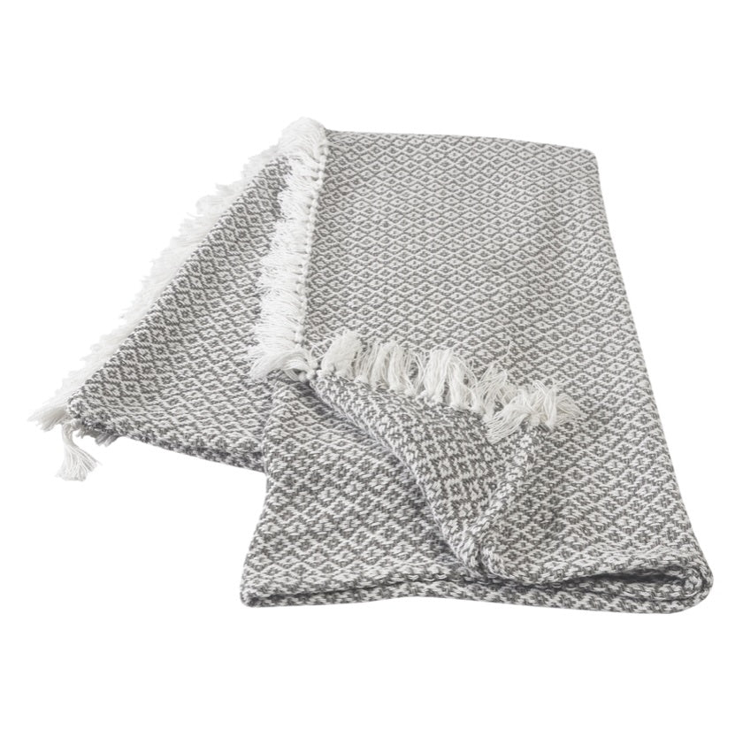 LR Home Diamond Fringe Throw Blanket in Gray and Ivory