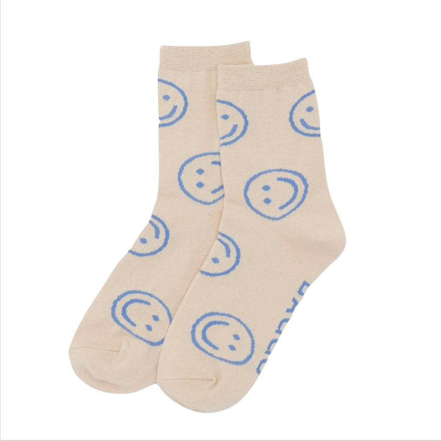 Crew Socks in Ecru Periwinkle Happy Pattern