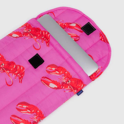 Puffy Laptop Sleeve in Pink Lobster, open to show velcro closure